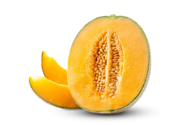 Zbliżenie Piękny Smaczny Pokrojony Soczysty Melon Kantalupa, Muskmelon, Melon Rock Na Białym Tle.