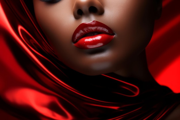 Zbliżenie pięknych kobiet, pulchnych, seksownych ust z czerwoną szminką Makro zdjęcie szczegółów twarzy Idealnie czysta skóra, świeży makijaż ust
