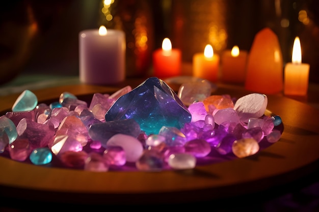 Zdjęcie zbliżenie pięknych kolorowych kryształów w misce ze świecami na ciemnym tle żywe kolory