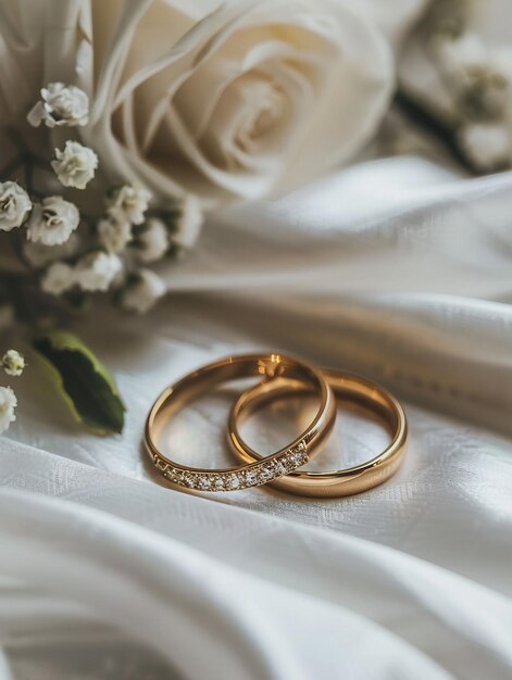 Zbliżenie pierścieni ślubnych i kwiatów