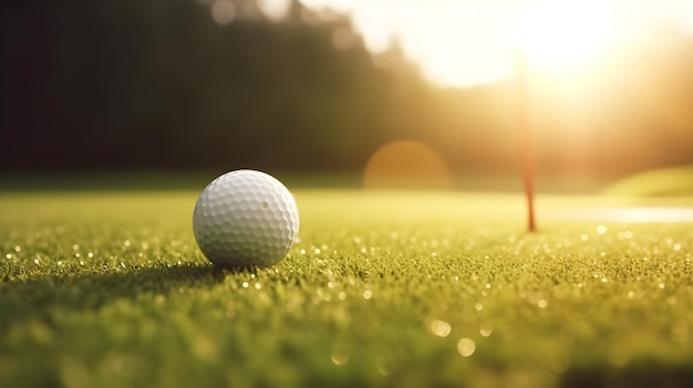 zbliżenie piłeczka golfowa na zielonej trawie z widokiem na słońce