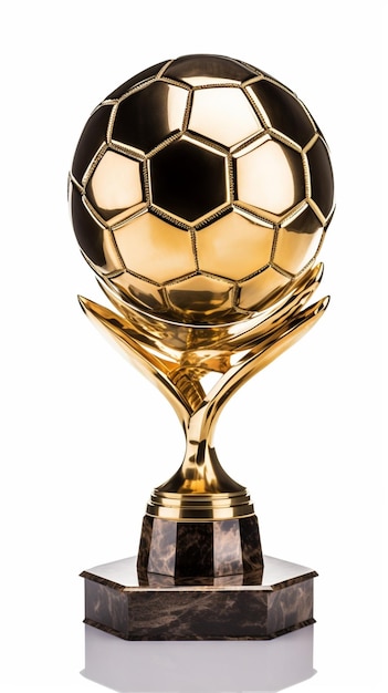 Zbliżenie piłkarskiego trofeum na piedestale na białym tle