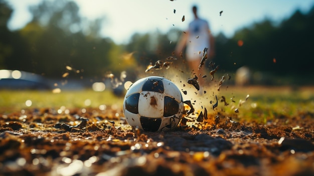 Zbliżenie piłkarza kopającego piłkę