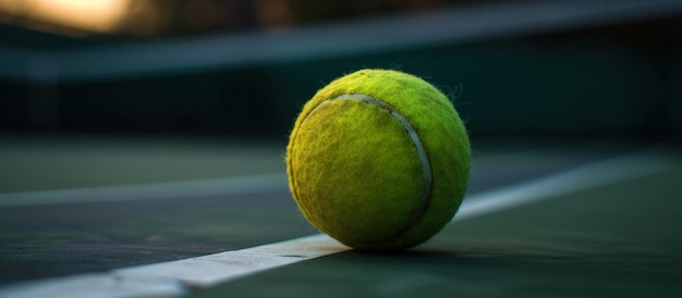 Zbliżenie piłki tenisowej na boisku z widokiem światła słonecznego