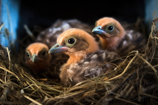 Zbliżenie piskląt rzadkich ptaków wylęgających się z jaj w gnieździe utworzonym za pomocą generatywnej sztucznej inteligencji