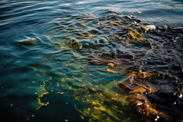 Zbliżenie plamy oleju na spokojnej powierzchni oceanu utworzone za pomocą generatywnej sztucznej inteligencji