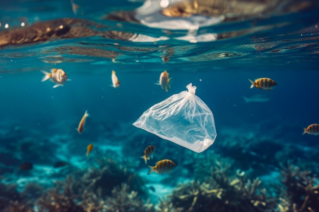Zbliżenie plastikowej torby w oceanie Torba pływa w wodzie