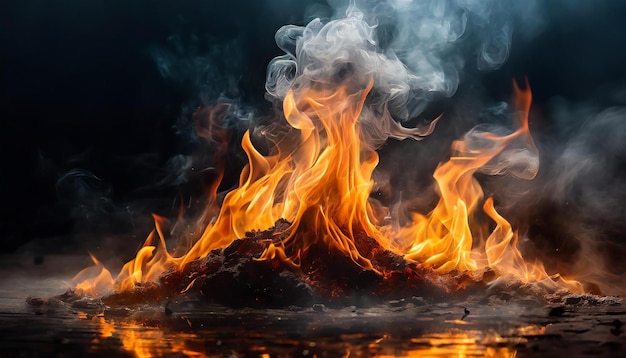Zbliżenie płomieni ognia z dymem na czarnym tle Intensywny płomień