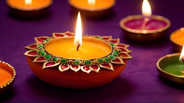 Zdjęcie zbliżenie płonących lamp diwali diya na kolorowych rangoli indyjskim festiwalu hinduskim tradycyjnym