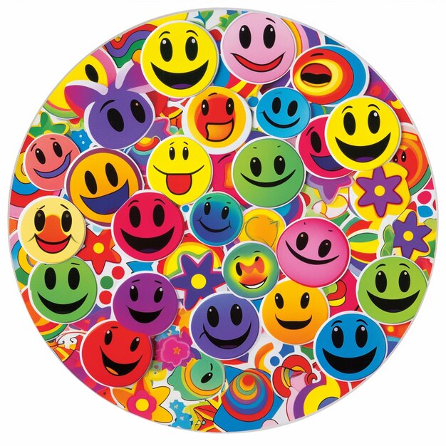 Zdjęcie zbliżenie płytki z wieloma różnorodnymi kolorowymi uśmiechniętymi twarzami