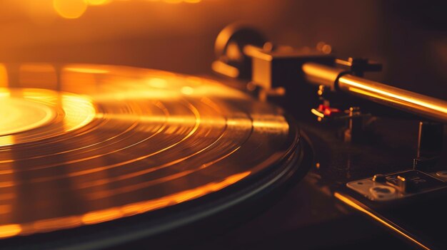 Zbliżenie płyty winylowej grającej na gramofonie z igłą podkreśloną ciepłym oświetleniem otoczenia