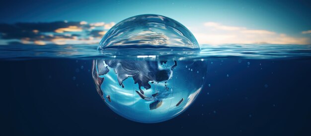Zbliżenie pływającej przezroczystej niebieskiej kuli ziemskiej na głębokiej wodzie morskiej Generuj sztuczną inteligencję
