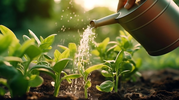 Zbliżenie podlewania roślin Rolnik ogrodnik przy użyciu wody