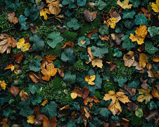 Zbliżenie podłogi lasu pokrytego porostami z mchów i upadłymi liśćmi, podkreślające zróżnicowane tekstury, żywą zielenię i poczucie wzrostu natury