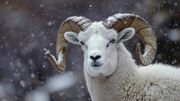 Zbliżenie pojedynczej owcy dall z płatkami śniegu posypanymi na jej puszystym futrze jego intensywne spojrzenie na