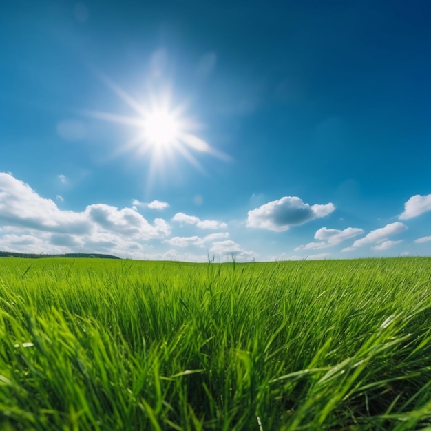 Zbliżenie pola trawy ze słońcem w generatywnym tle ai