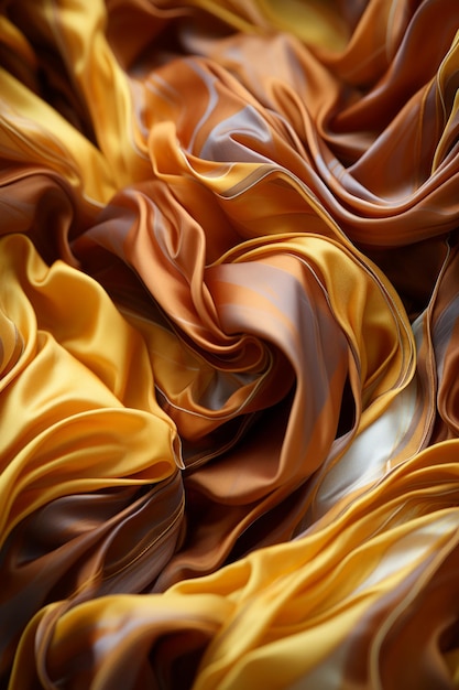 Zbliżenie pomarańczowej i brązowej jedwabnej tkaniny z falistymi fałdami