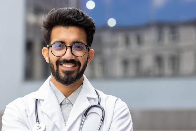 Zbliżenie portret hinduskiego lekarza mężczyzna w okularach, uśmiechając się i patrząc na kamery lekarz stażysta