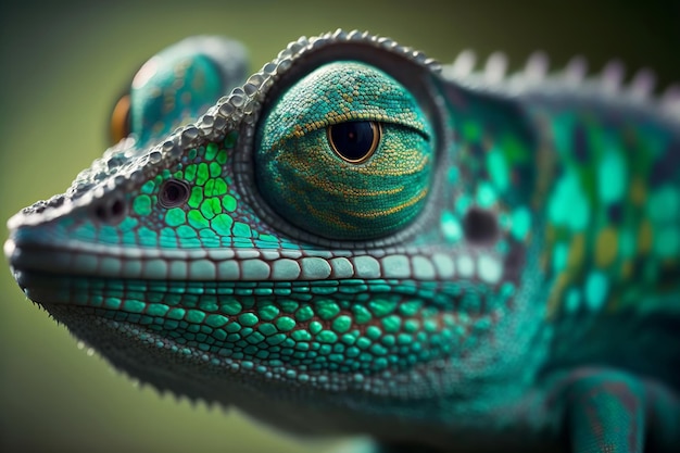 Zbliżenie portret kameleona z jasną egzotyczną skórą w zielonych kolorach Generatywna ilustracja AI