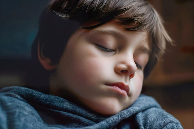 Zbliżenie portret małego chłopca leżącego w łóżku z zamkniętymi oczami Generacyjna AI
