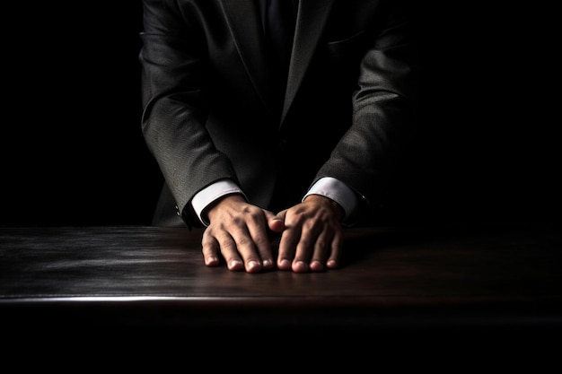 Zbliżenie portret nierozpoznawalnej postaci autorytetu w garniturze stojącej opierając się o stół