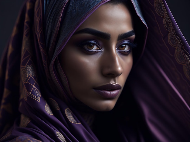 Zbliżenie portret pięknej muzułmańskiej kobiety z orientalnym makijażem