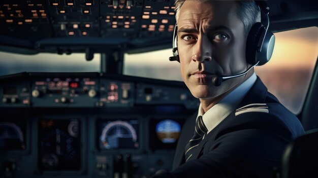 Zdjęcie zbliżenie portret pilota w kokpicie samolotu