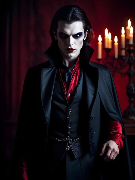 Zbliżenie portret strasznego wampira w ciemnym pokoju Halloween