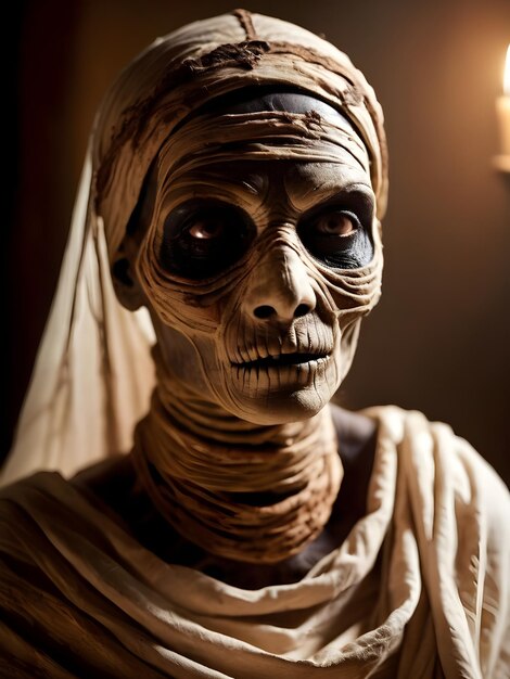 Zdjęcie zbliżenie portret strasznej mumii w ciemnym halloweenowym horrorze