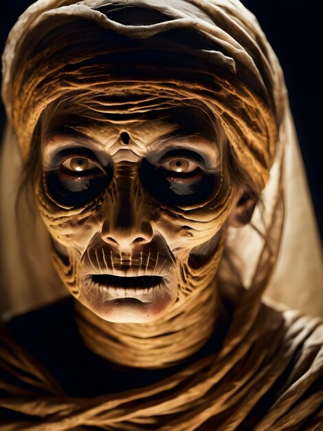 Zdjęcie zbliżenie portret strasznej mumii w ciemnym halloweenowym horrorze