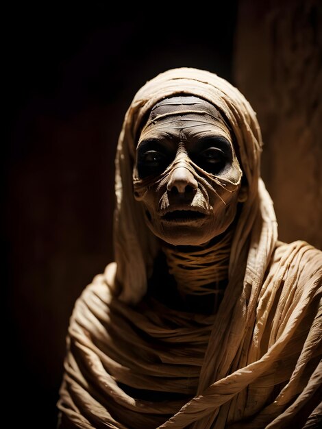 Zbliżenie Portret Strasznej Mumii W Ciemnym Halloweenowym Horrorze