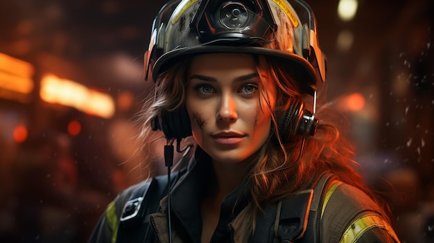 Zbliżenie portret szczęśliwej kobiety strażaka w remizie