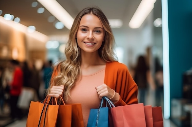 zbliżenie portret zadowolonej fashionistki kupującej z papierowymi torbami