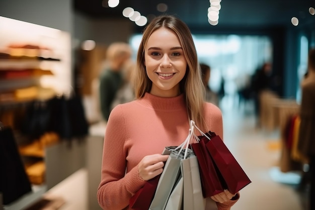 zbliżenie portret zadowolonej fashionistki kupującej z papierowymi torbami