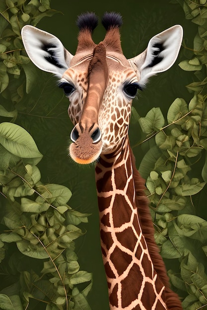 zbliżenie portret żyrafy w zielonych liściach w dżungli