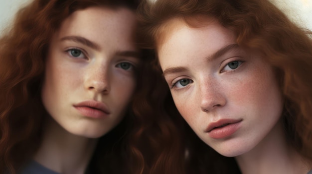 Zbliżenie portretu dwóch młodych modelek wygenerowano sztuczną inteligencję