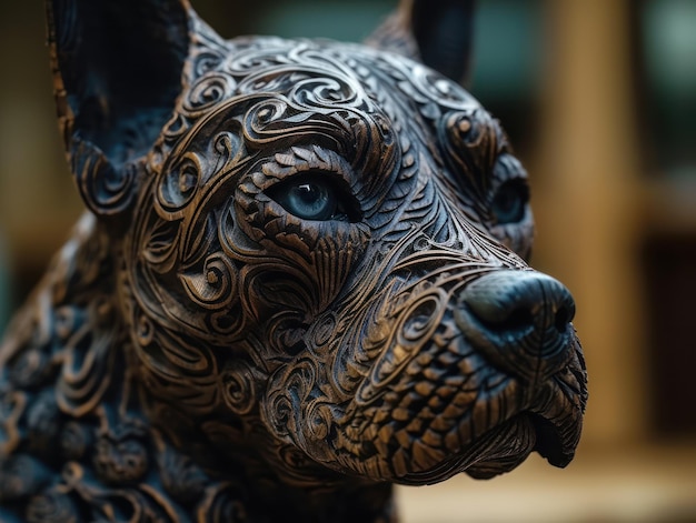 Zdjęcie zbliżenie portretu psa z orientalnymi elementami rzeźbiarskimi w tle