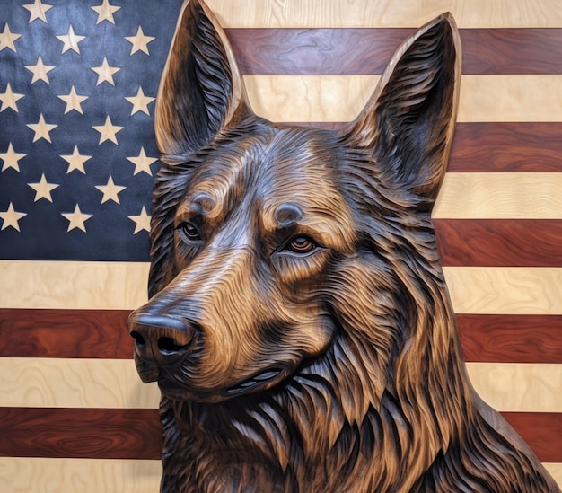 Zdjęcie zbliżenie posągu psa z amerykańską flagą w tle generatywne ai