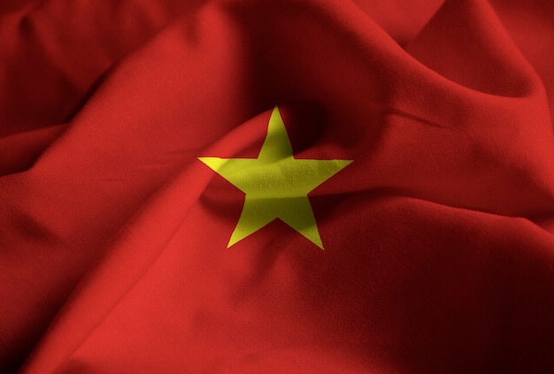 Zbliżenie potargane flaga Wietnamu, flaga Wietnamu wiejący wiatr