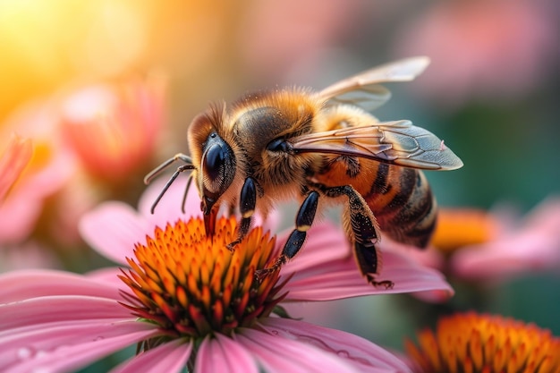 Zbliżenie pracowitej pszczoły zbierającej nektar z żywych dzikich kwiatów na słonecznie oświetlonej łące