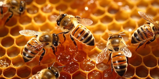 Zbliżenie pracujących pszczół na komórkach miodu z wygenerowaną sztuczną inteligencją