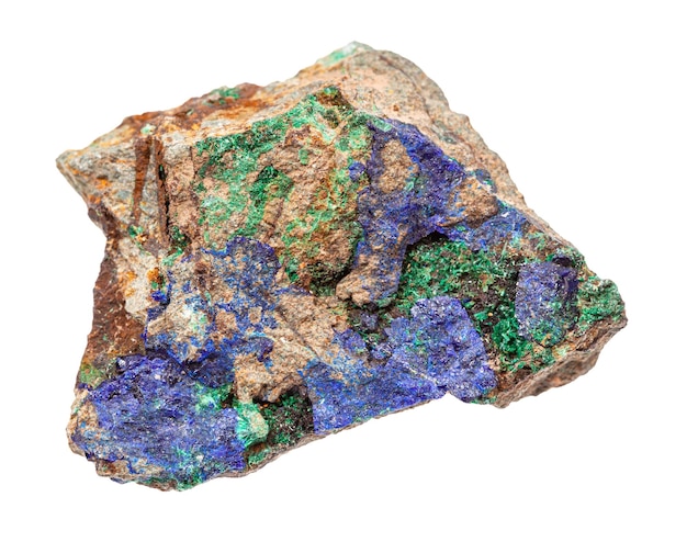 zbliżenie próbki minerału naturalnego z zbioru geologicznego surowy azuryt i malachit na skałach izolowanych na białym tle