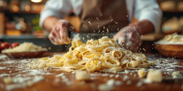 Zbliżenie procesu gotowania domowych makaronów szef kuchni przygotowuje świeże włoskie tradycyjne makarony