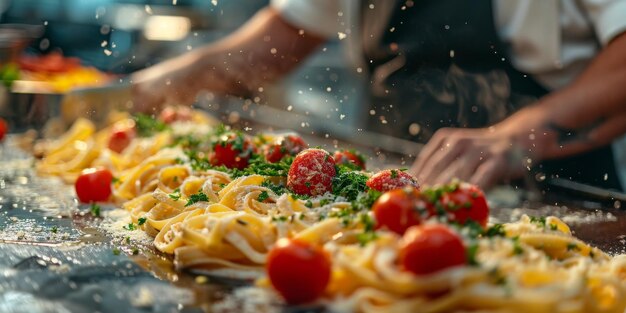 Zbliżenie procesu gotowania domowych makaronów szef kuchni przygotowuje świeże włoskie tradycyjne makarony