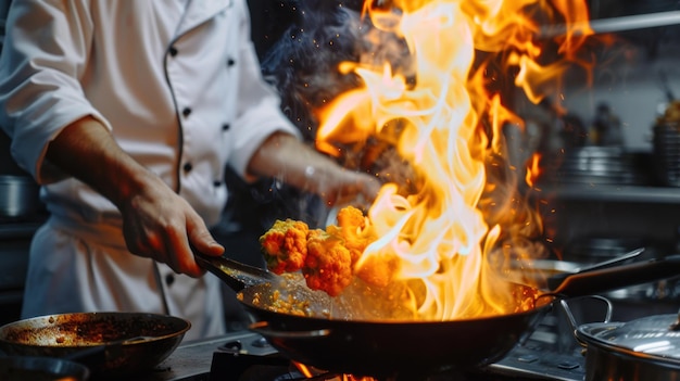 Zbliżenie profesjonalnego szefa kuchni gotującego jedzenie w ogniu w kuchni w restauracji Szef kuchni pali jedzenie w profesjonalnej kuchni