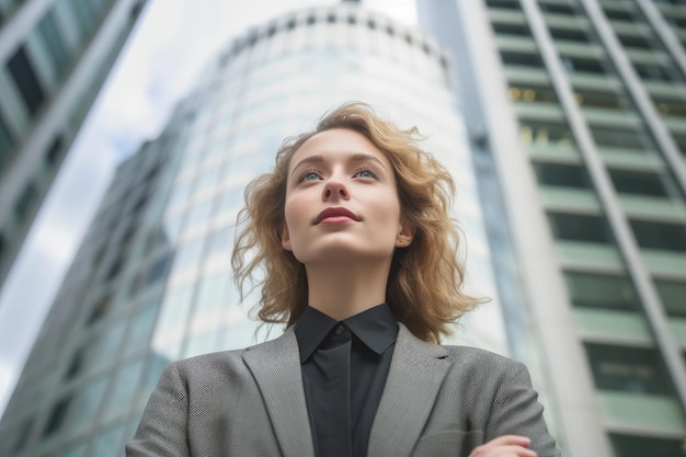 Zdjęcie zbliżenie profesjonalnej bizneswoman z szklanym wysokim budynkiem na tle symbolizującym postęp i ambicje generatywna sztuczna inteligencja