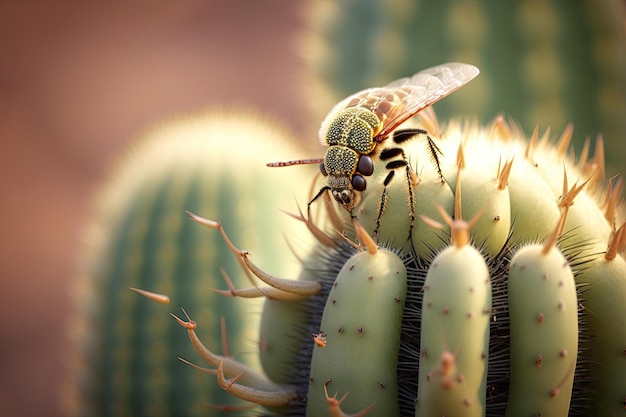 Zbliżenie przedstawiające owada na kaktusie, ukazujące szczegóły natury Wygenerowane przez sztuczną inteligencję