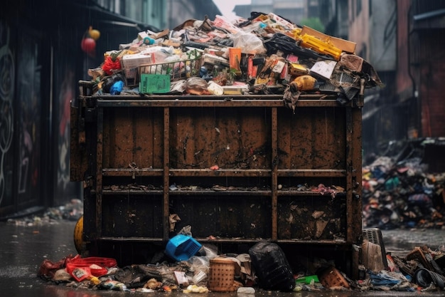 Zbliżenie przepełnionego śmietnika z mieszanymi odpadami utworzonymi za pomocą generatywnej AI