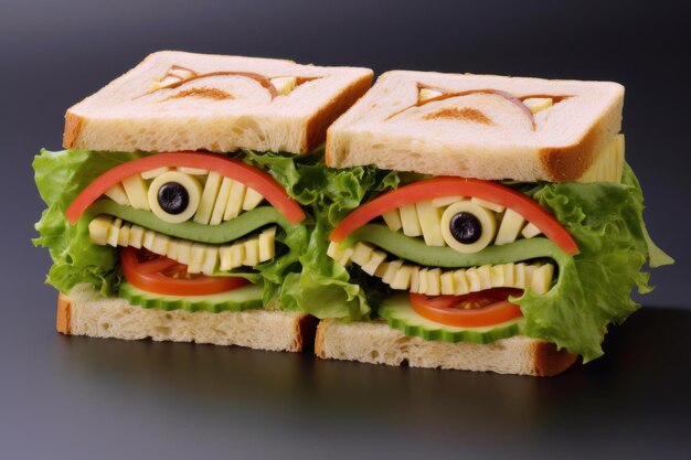 Zdjęcie zbliżenie przerażających pysznych kanapek ozdobionych jako potwór halloween z warzywami, serem i sałatką na szarym tle