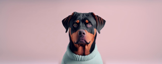 Zbliżenie psa Rottweiler z różowym pastelowym tłem Fotografia mody psów Generative AI